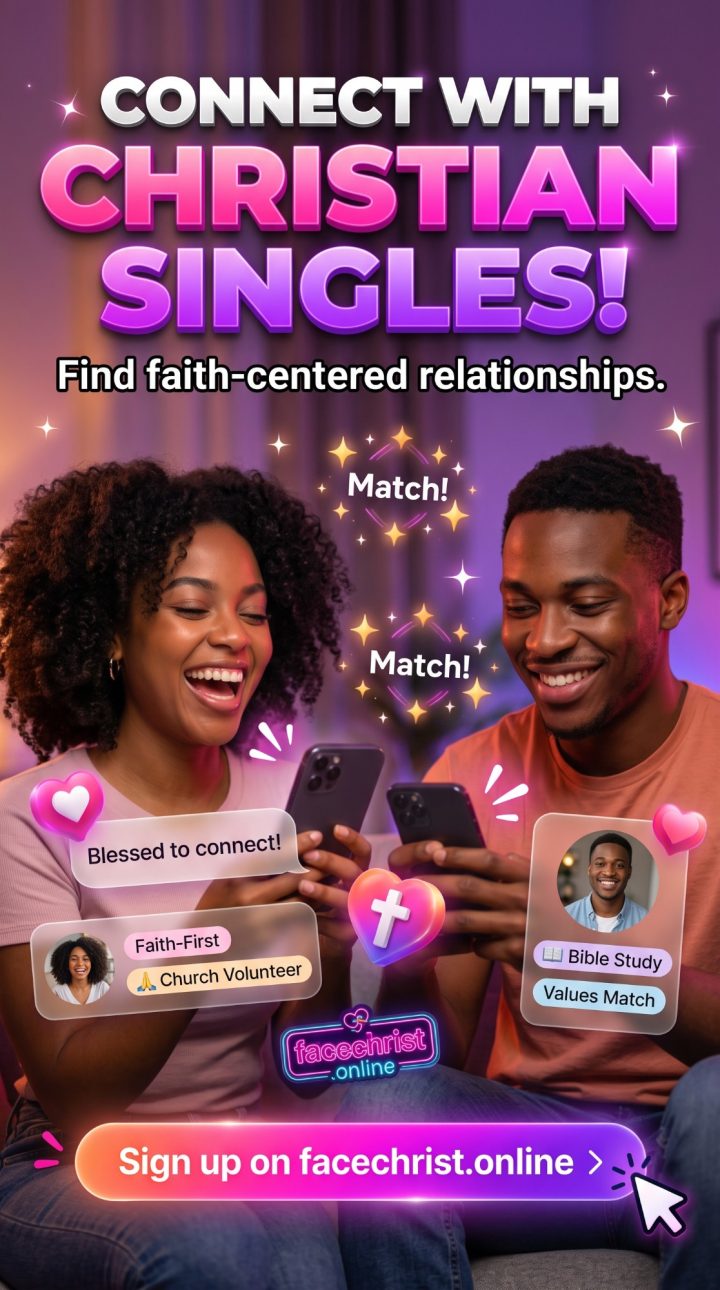 A smiling Christian couple chatting on their phones with a Match message